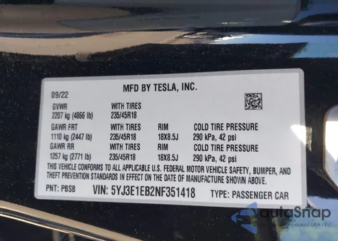 2022 Tesla Model 3 Long Range Dual Motor All-Wheel Drive from USA, damaged, VIN 5YJ3E1EB2NF351418